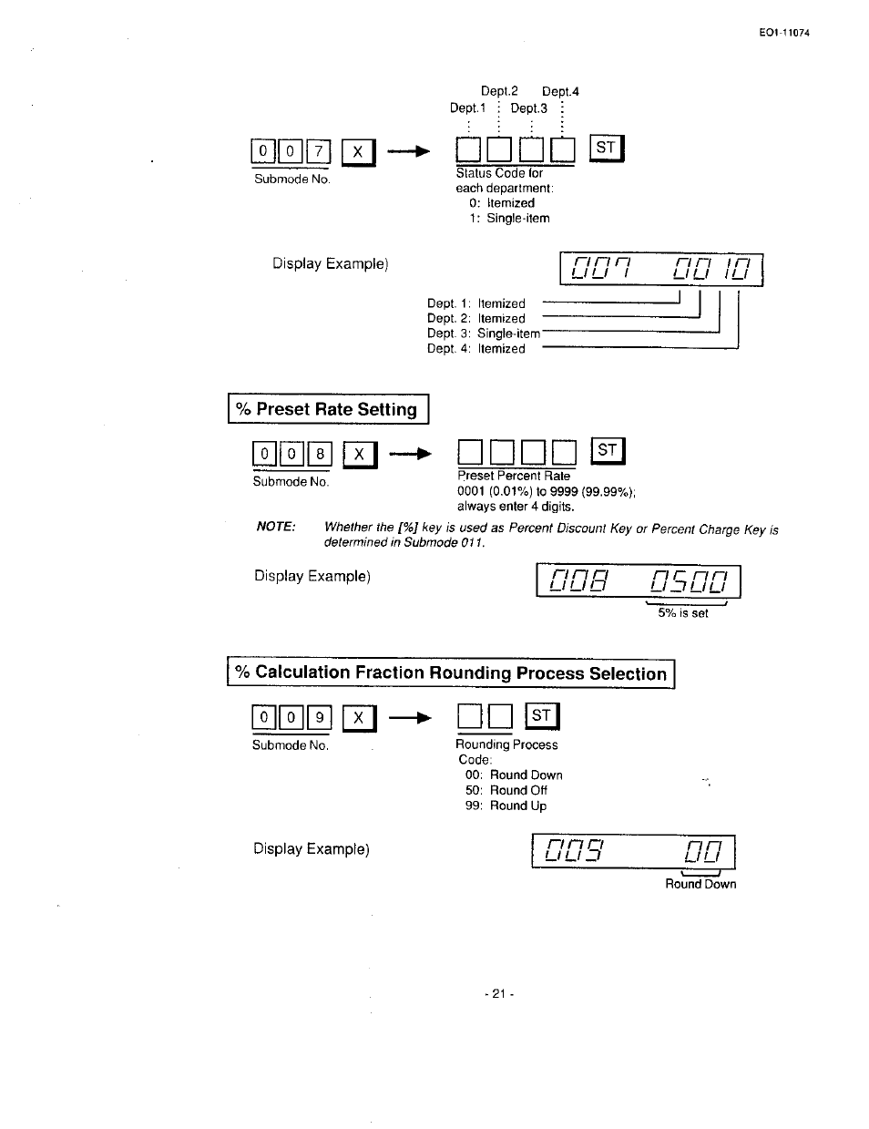 Display example), Preset rate setting, Calculation fraction rounding process selection | N n \ e | Toshiba MA-55 User Manual | Page 23 / 48