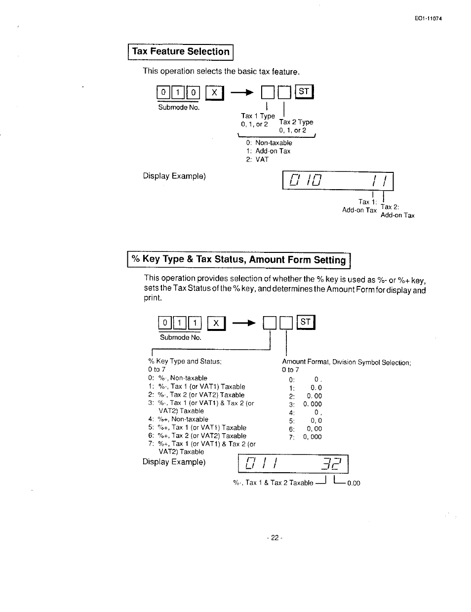 Tax feature selection, This operation selects the basic tax feature, Display example) | Key type & tax status, amount form setting | Toshiba MA-55 User Manual | Page 24 / 48