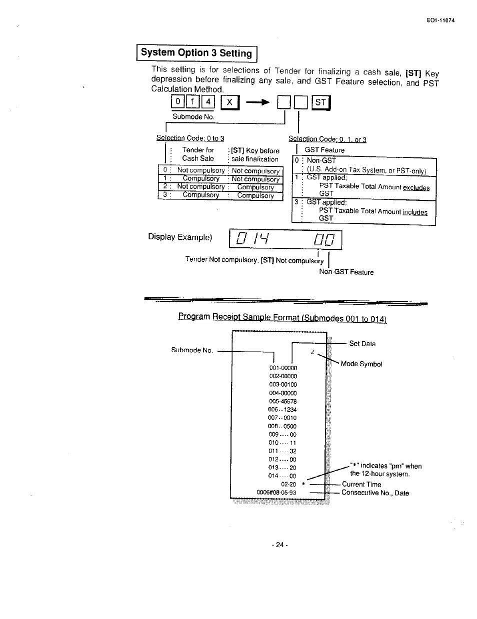 System option 3 setting, Program receipt sample format fsubmodes 001 to 014 | Toshiba MA-55 User Manual | Page 26 / 48