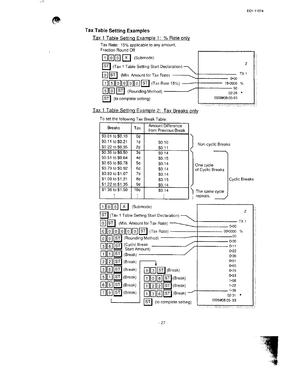 Tax table setting examples, Tax 1 table setting example 1: % rate only, Tax 1 table setting example 2: tax breaks only | U0000hii i | Toshiba MA-55 User Manual | Page 29 / 48