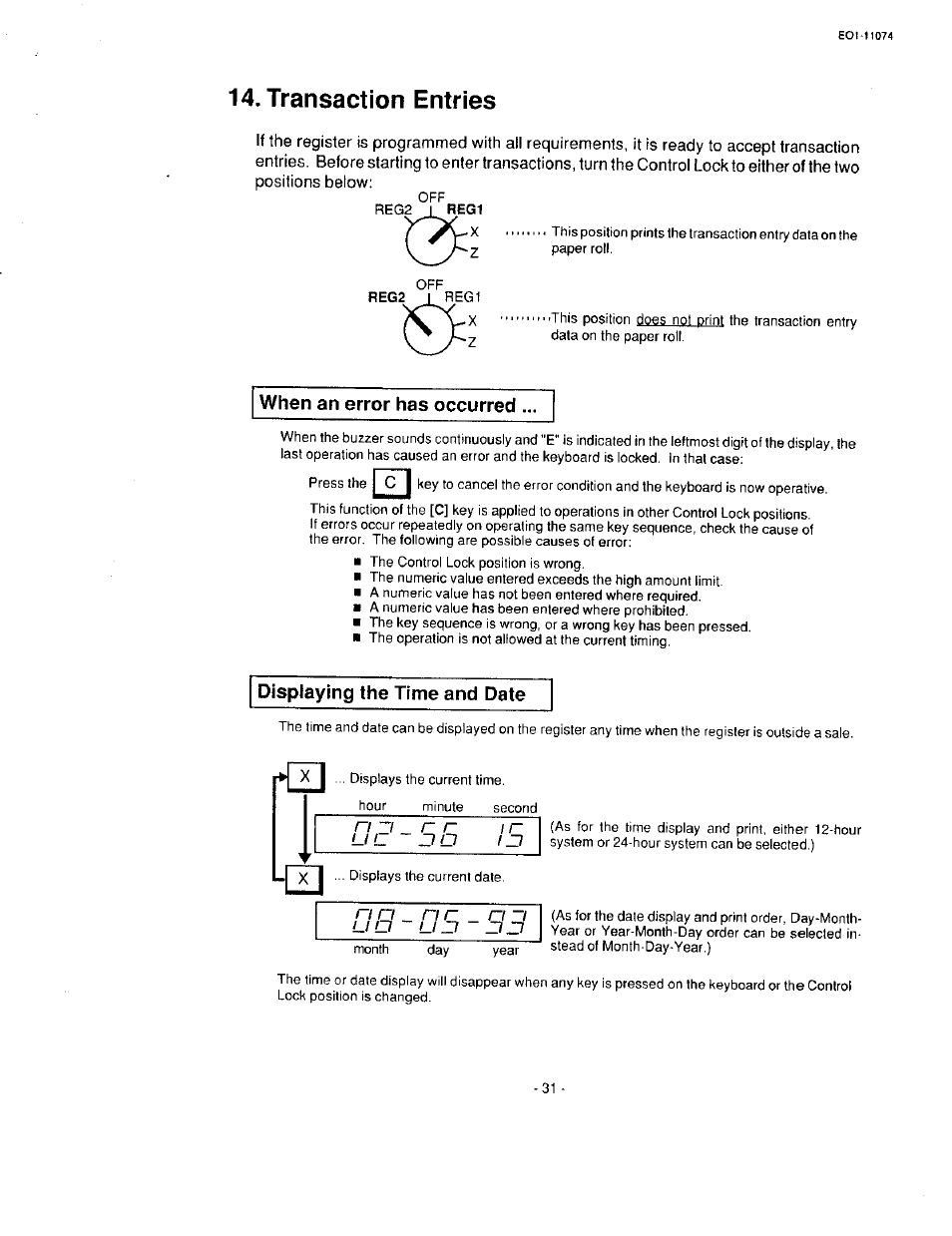 Transaction entries, When an error has occurred, Displaying the time and date | Toshiba MA-55 User Manual | Page 33 / 48