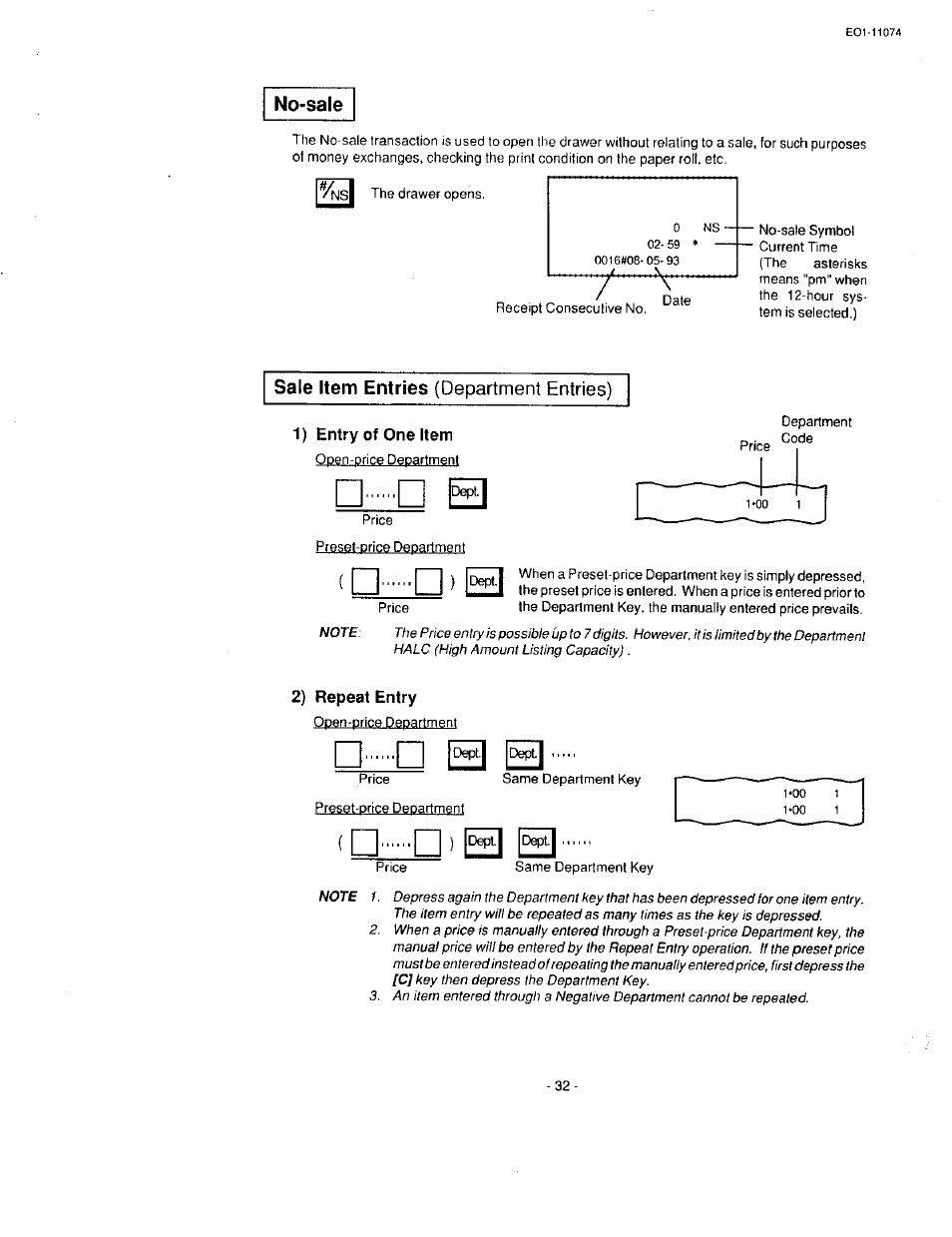 No-sale, Sale item entries (department entries), 1) entry of one item | 2) repeat entry, No-sale sale item entries {department entries), N)^! el, M l a, Department entries), Sale item entries | Toshiba MA-55 User Manual | Page 34 / 48