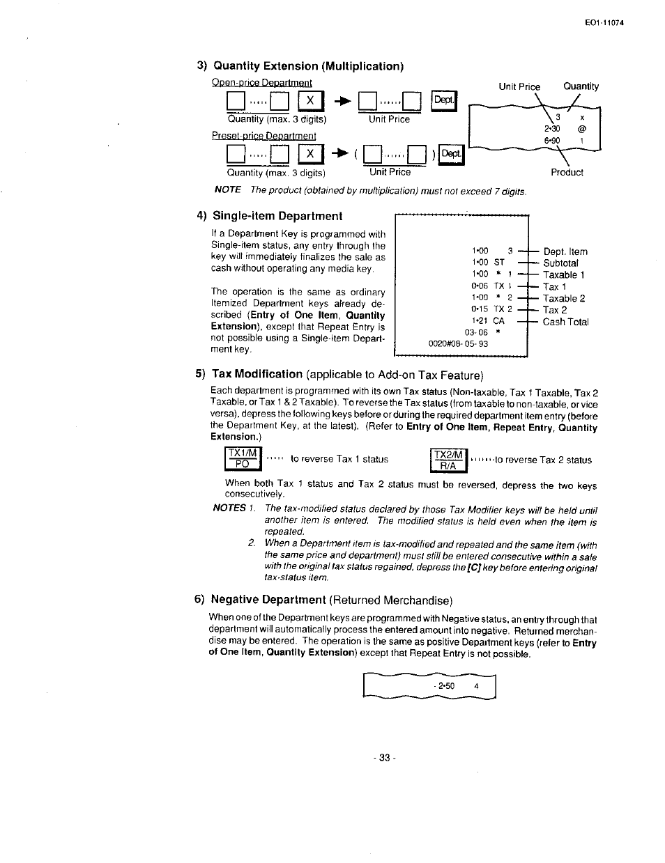 3) quantity extension (multiplication), 4) single-item department, 6) negative department (returned merchandise) | Toshiba MA-55 User Manual | Page 35 / 48