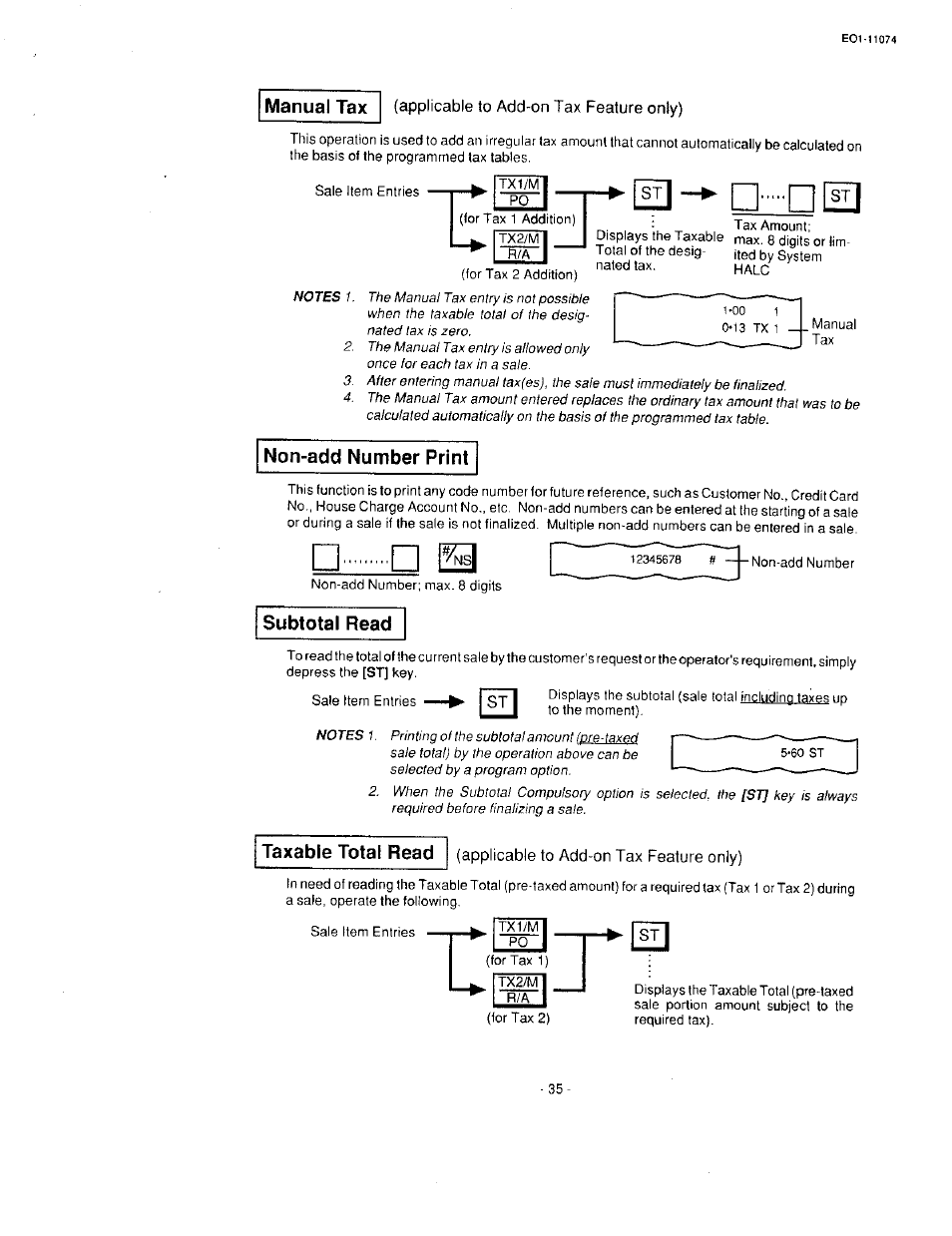 Applicable to add-on tax feature only), Non-add number print, Subtotal read | Taxable total read, Manual tax | Toshiba MA-55 User Manual | Page 37 / 48