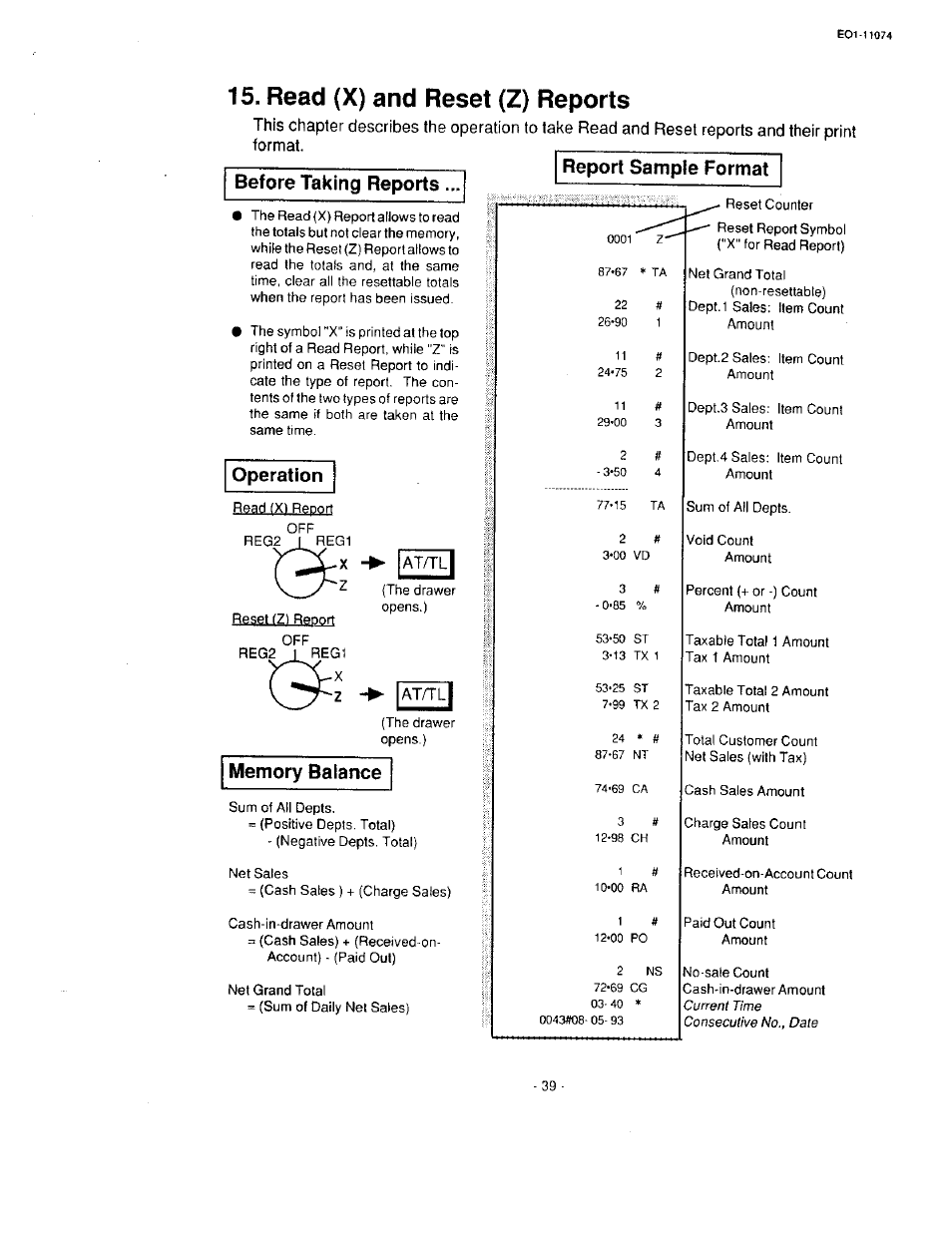 Read (x) and reset (z) reports, Before taking reports, Report sample format | Operation | Toshiba MA-55 User Manual | Page 41 / 48