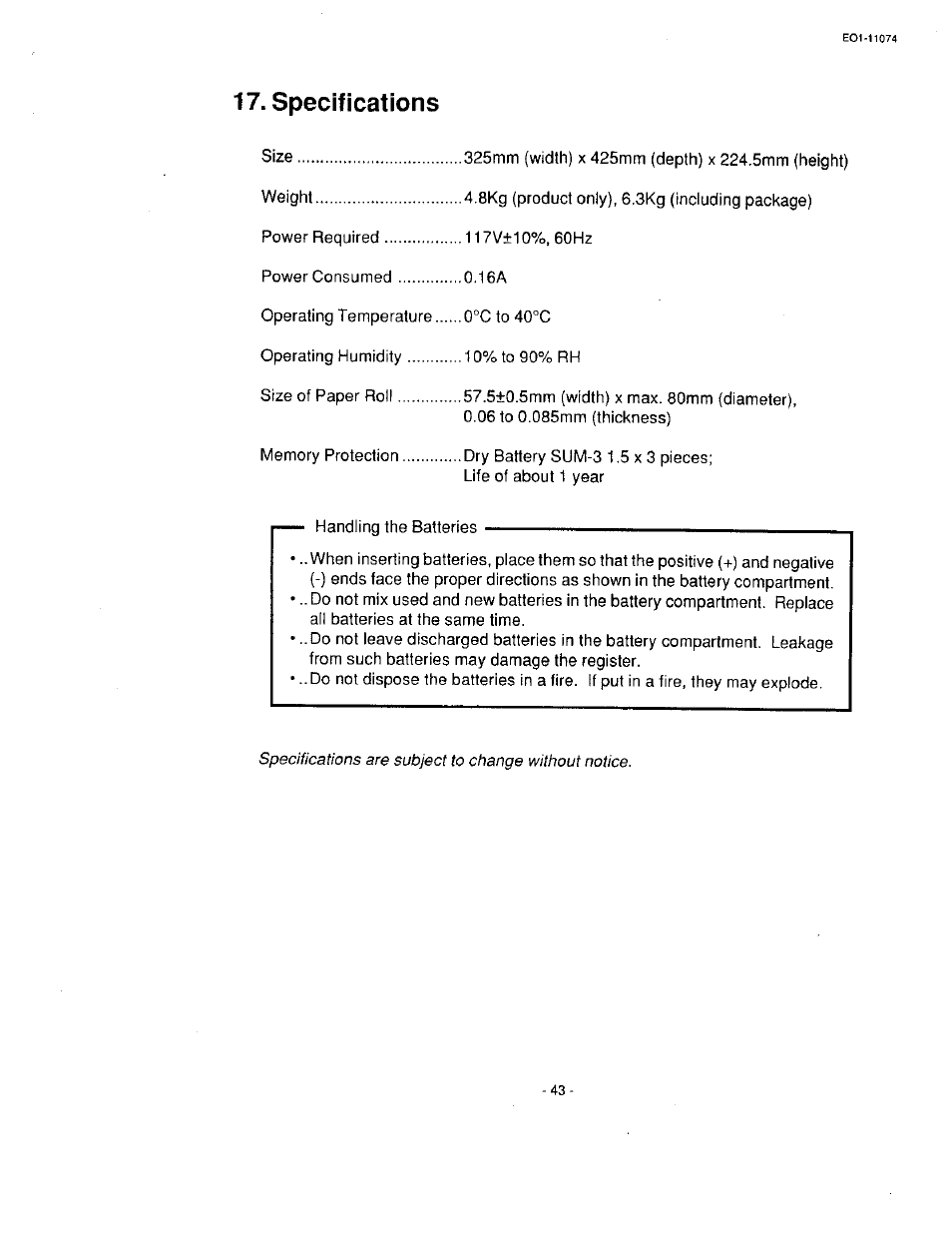 Specifications | Toshiba MA-55 User Manual | Page 45 / 48