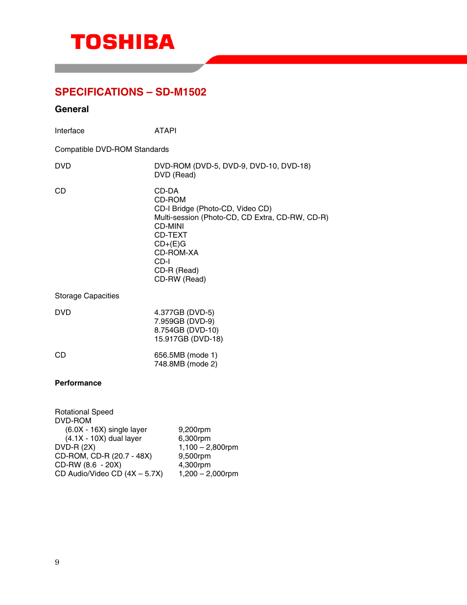 Specifications – sd-m1502 | Toshiba SD-M1502 User Manual | Page 11 / 16