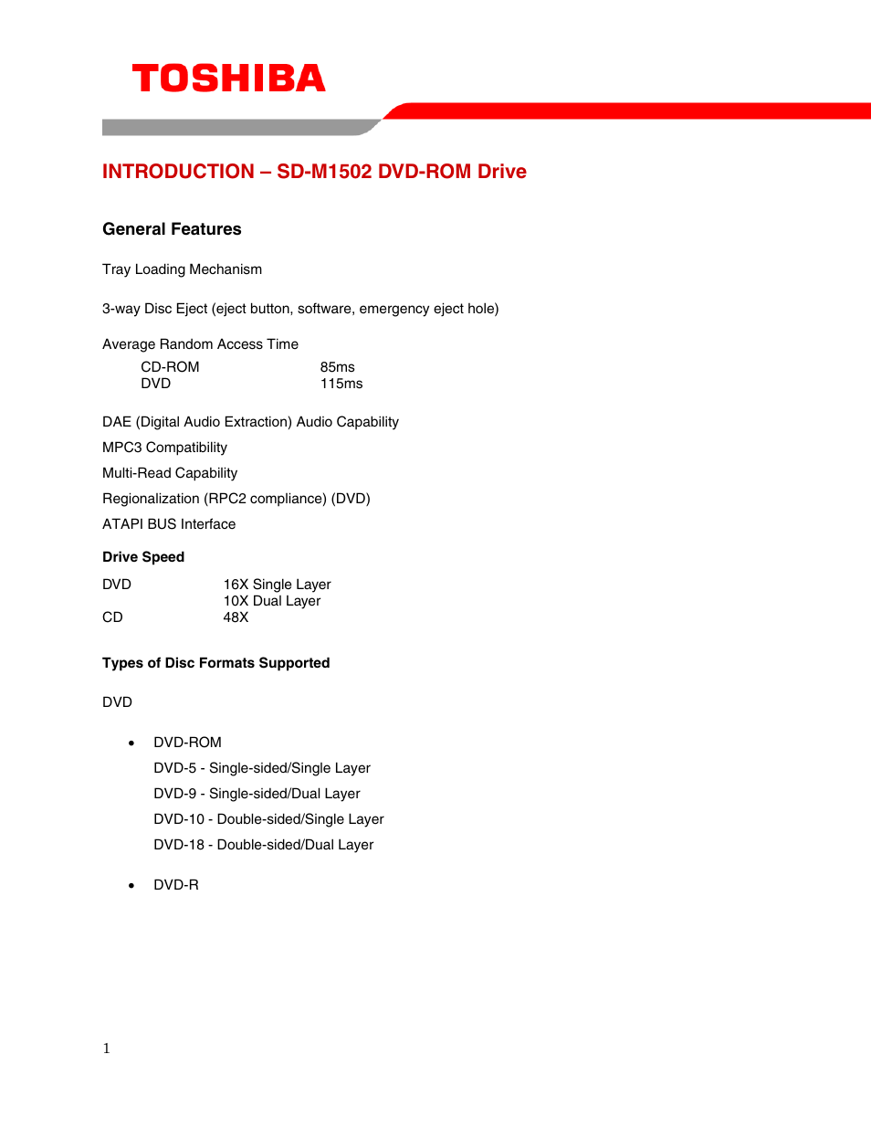 Introduction – sd-m1502 dvd-rom drive | Toshiba SD-M1502 User Manual | Page 3 / 16