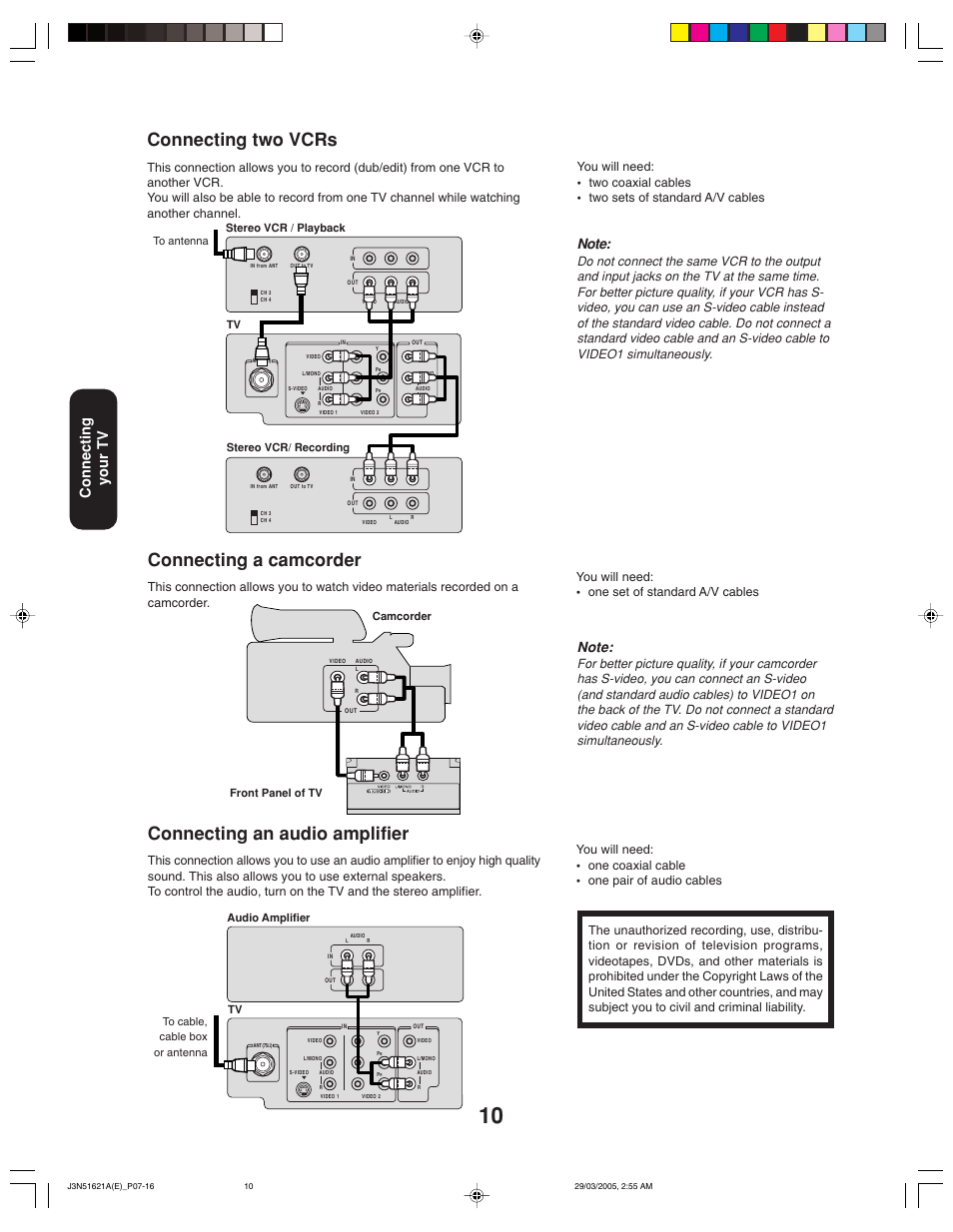 Connecting two vcrs, Connecting a camcorder, Connecting an audio amplifier | Connecting your tv, Camcorder front panel of tv, Stereo vcr / playback tv stereo vcr/ recording | Toshiba 32A35 User Manual | Page 10 / 36