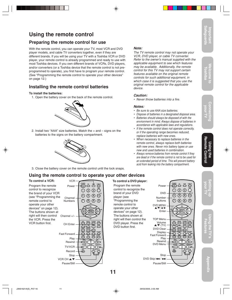 Using the remote control, Preparing the remote control for use, Installing the remote control batteries | Caution | Toshiba 32A35 User Manual | Page 11 / 36