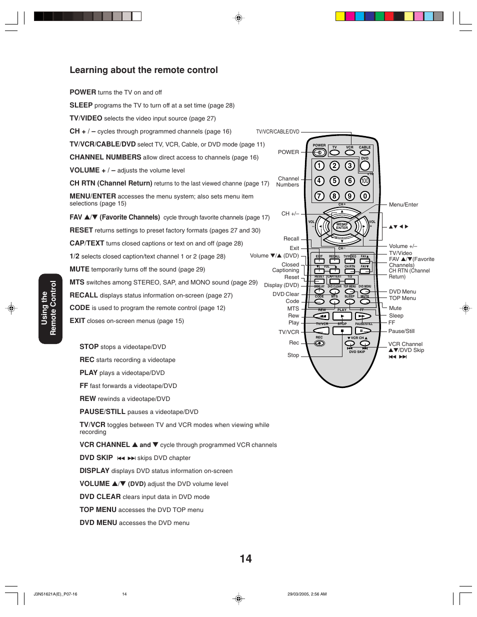 Learning about the remote control | Toshiba 32A35 User Manual | Page 14 / 36