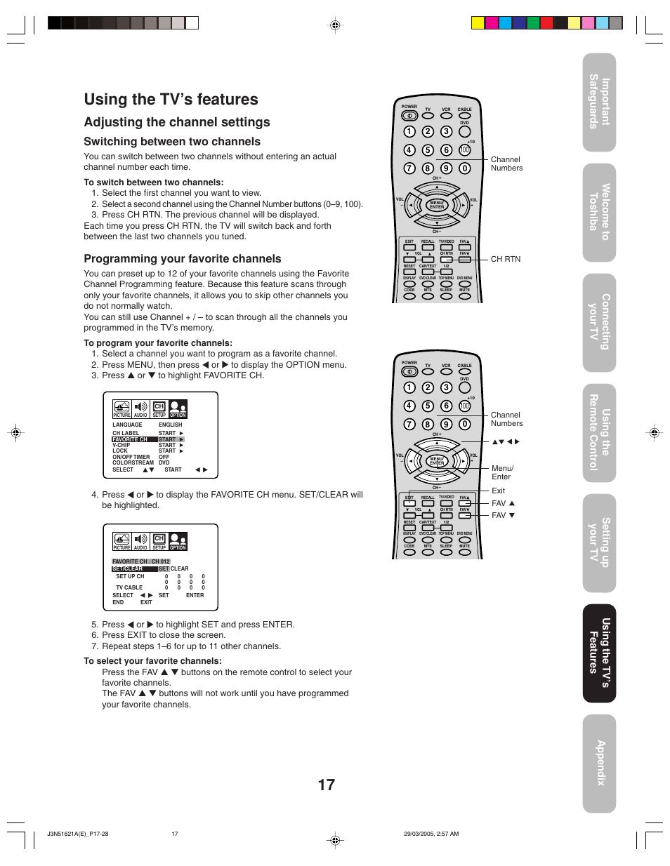 Using the tv’s features, Adjusting the channel settings, Switching between two channels | Programming your favorite channels, Using the tv ’s features | Toshiba 32A35 User Manual | Page 17 / 36