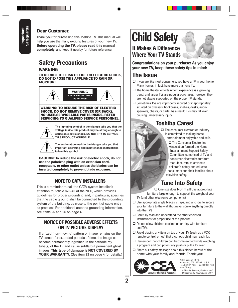 Child safety, It makes a difference where your tv stands, The issue | Toshiba cares, Tune into safety, Safety precautions | Toshiba 32A35 User Manual | Page 2 / 36