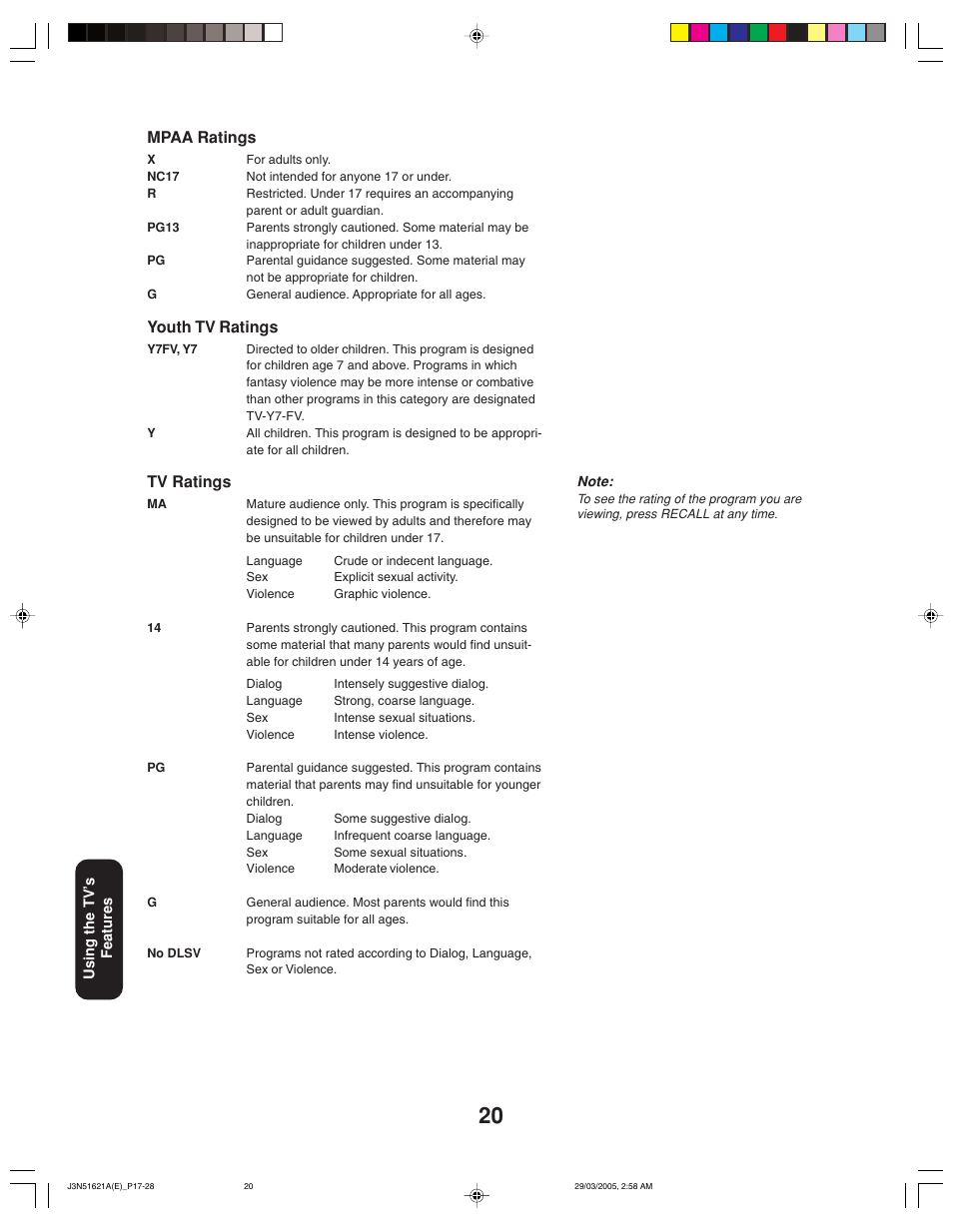 Mpaa ratings, Youth tv ratings, Tv ratings | Toshiba 32A35 User Manual | Page 20 / 36