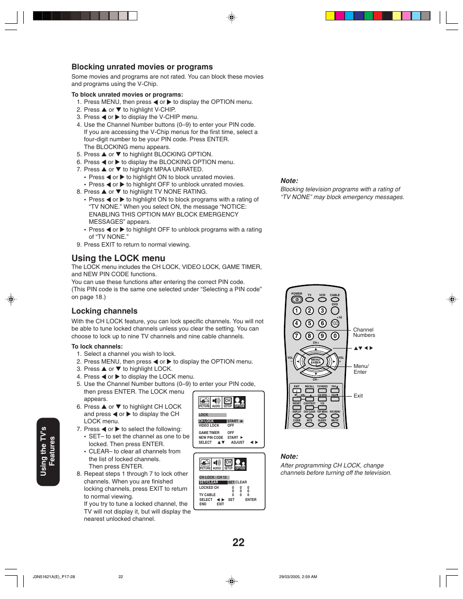 Using the lock menu, Blocking unrated movies or programs, Locking channels | Using the tv ’s features | Toshiba 32A35 User Manual | Page 22 / 36