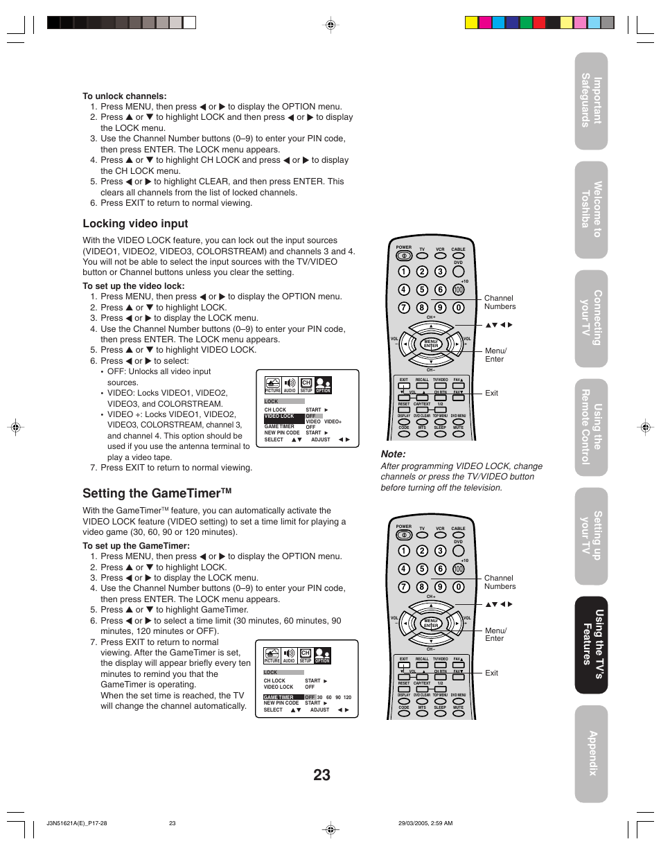 Setting the gametimer, Locking video input | Toshiba 32A35 User Manual | Page 23 / 36