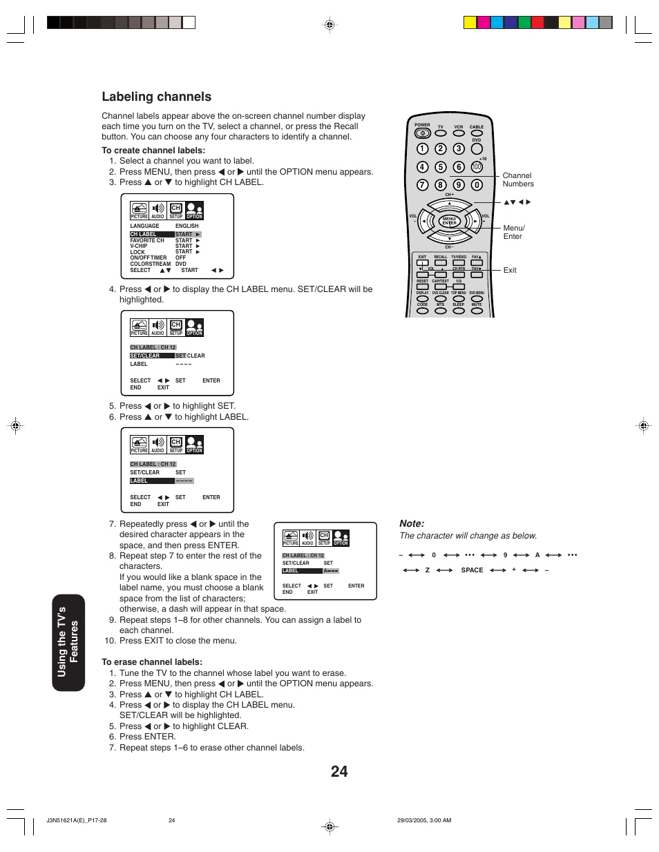 Labeling channels, Using the tv ’s features | Toshiba 32A35 User Manual | Page 24 / 36