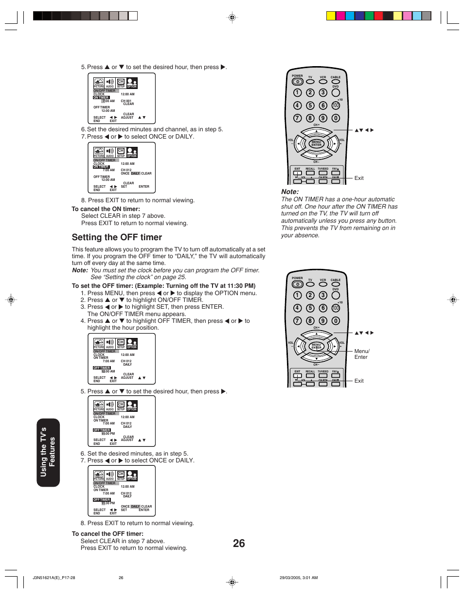Setting the off timer, Using the tv ’s features | Toshiba 32A35 User Manual | Page 26 / 36
