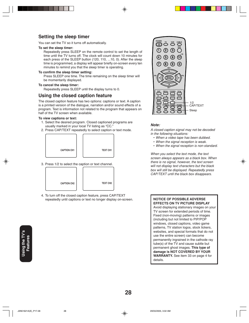 Setting the sleep timer, Using the closed caption feature, Using the tv ’s features | Toshiba 32A35 User Manual | Page 28 / 36
