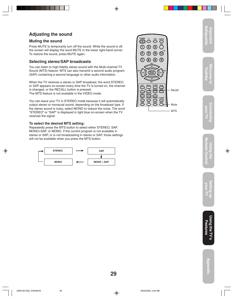 Adjusting the sound, Muting the sound, Selecting stereo/sap broadcasts | Toshiba 32A35 User Manual | Page 29 / 36