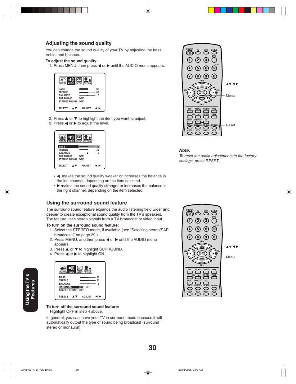 Adjusting the sound quality, Using the surround sound feature, Using the tv ’s features | Toshiba 32A35 User Manual | Page 30 / 36