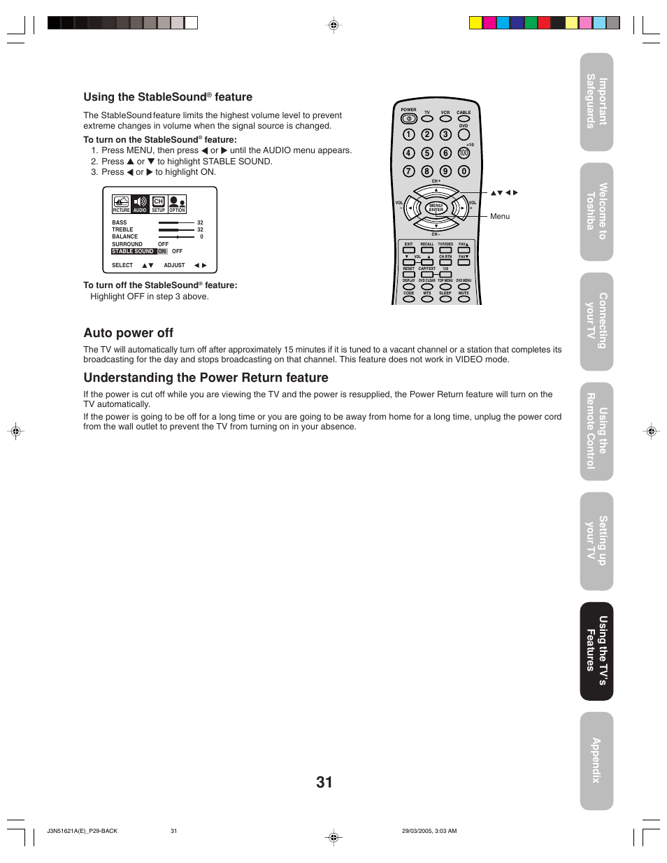 Auto power off, Understanding the power return feature, Using the stablesound | Feature, Using the tv ’s features | Toshiba 32A35 User Manual | Page 31 / 36
