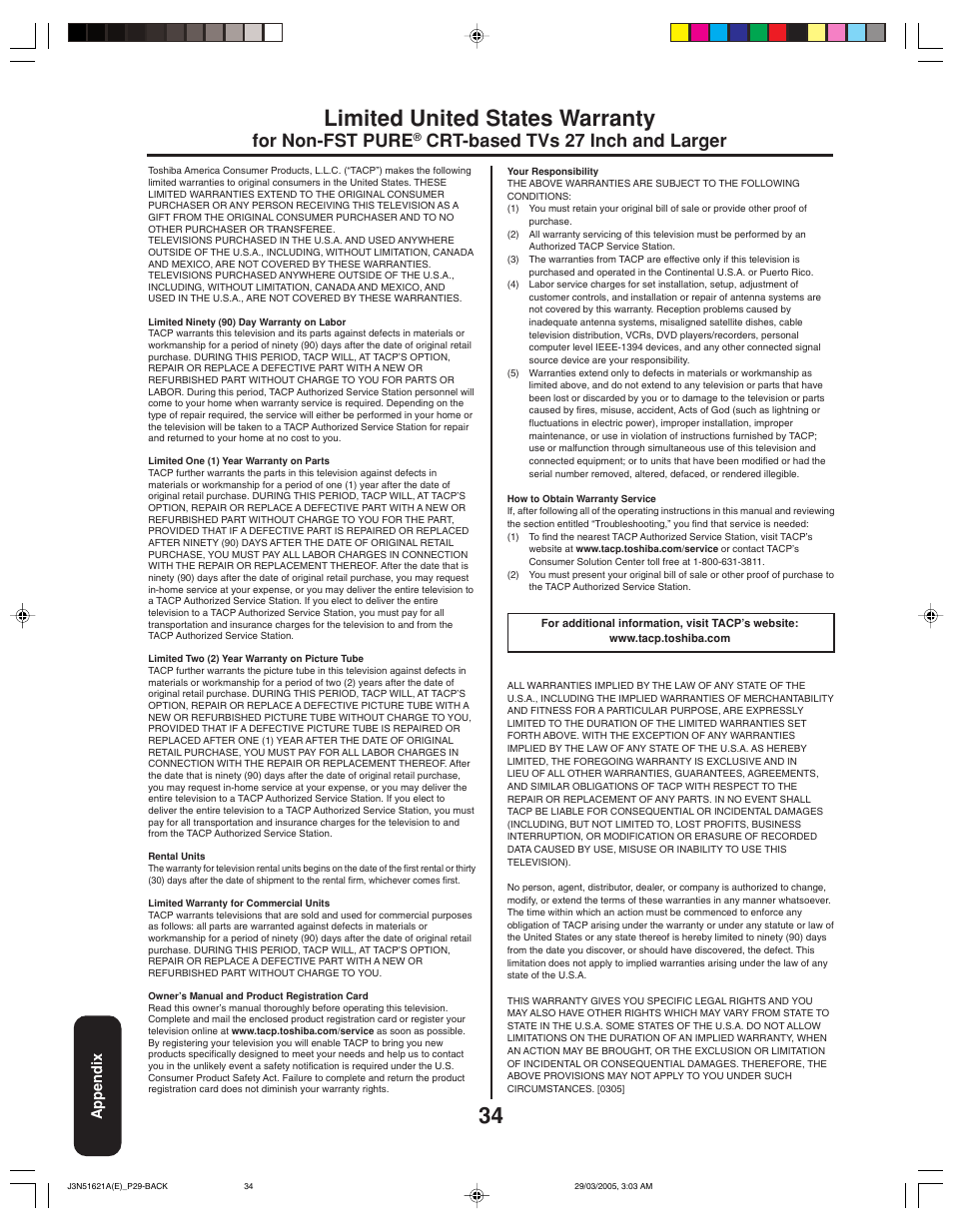 Limited united states warranty, For non-fst pure, Crt-based tvs 27 inch and larger | Appendix | Toshiba 32A35 User Manual | Page 34 / 36