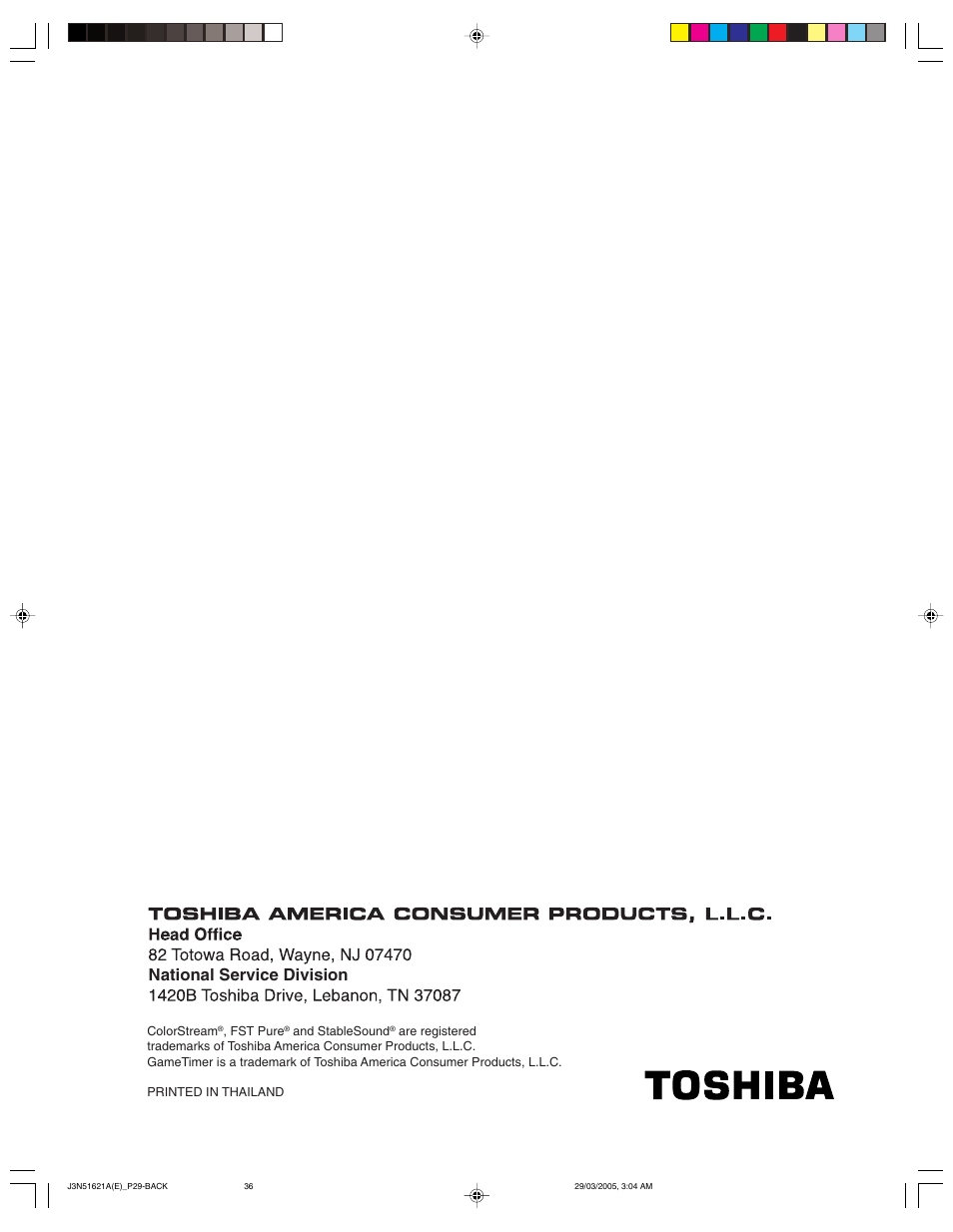 National service division | Toshiba 32A35 User Manual | Page 36 / 36