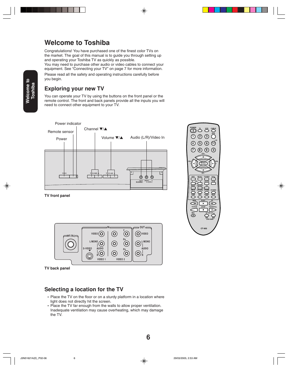 Welcome to toshiba, Selecting a location for the tv, Exploring your new tv | Welcome to t oshiba | Toshiba 32A35 User Manual | Page 6 / 36