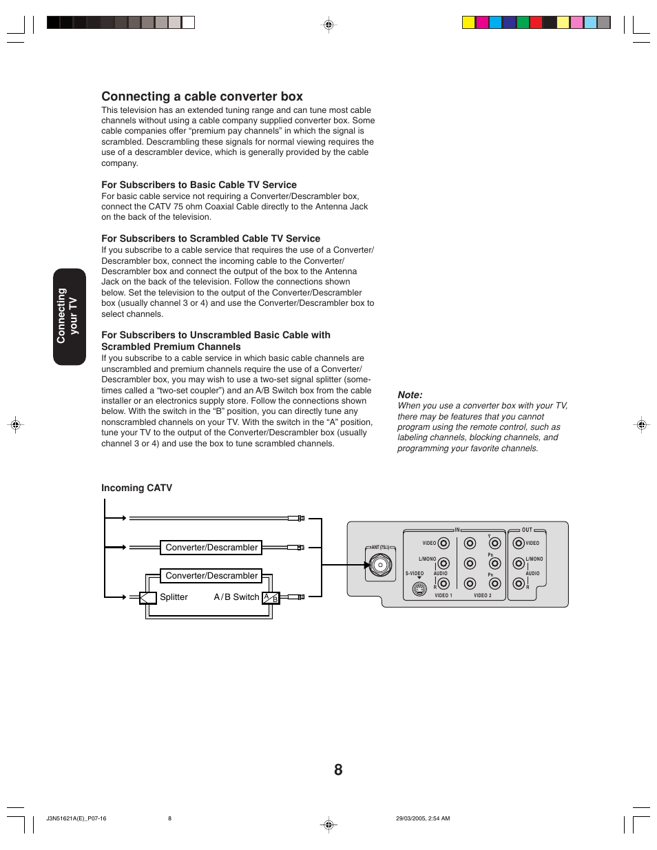 Connecting a cable converter box, Connecting your tv, For subscribers to basic cable tv service | For subscribers to scrambled cable tv service, Incoming catv | Toshiba 32A35 User Manual | Page 8 / 36