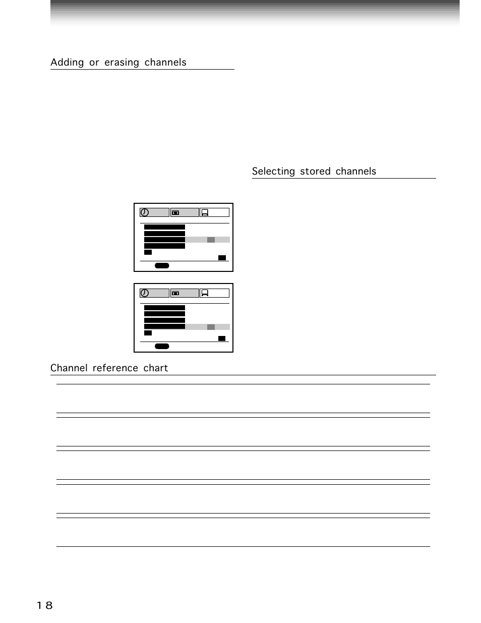 Storing channels on the vcr (continued), Adding or erasing channels, Selecting stored channels | Channel reference chart | Toshiba W-704 User Manual | Page 18 / 49
