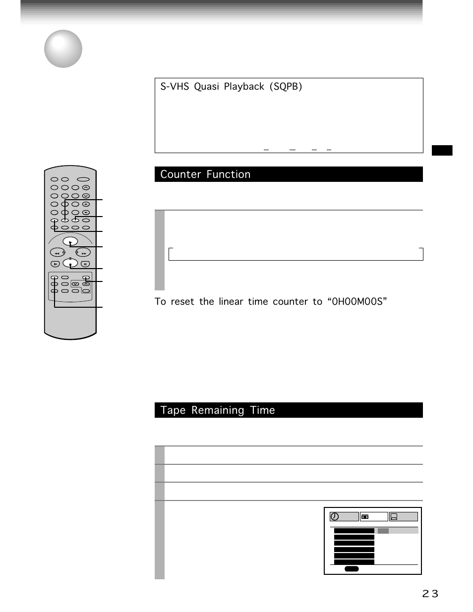 Useful functions in tape operation, Counter function, Tape remaining time | Remain/counter, Prog, Enter, Each time you press, The vcr display changes in sequence as follows, Turn on the vcr and load a cassette, Press | Toshiba W-704 User Manual | Page 23 / 49