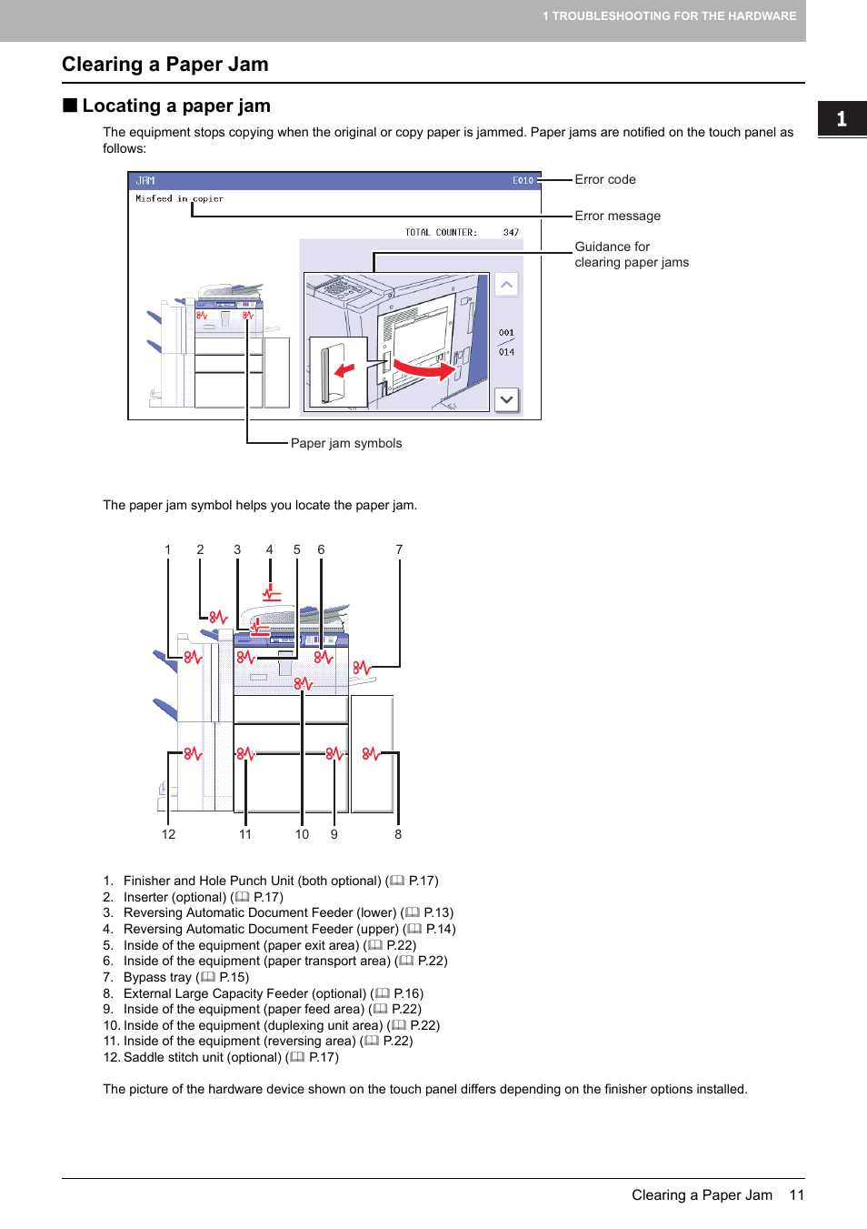 Clearing a paper jam, Locating a paper jam, P.11 “clearing a paper jam | Toshiba E-STUDIO 755 User Manual | Page 13 / 104