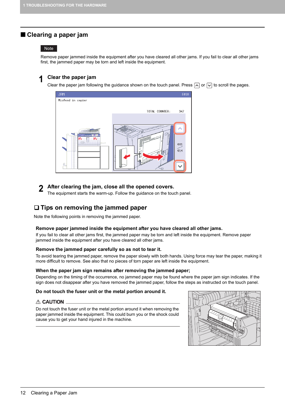 Clearing a paper jam, Tips on removing the jammed paper | Toshiba E-STUDIO 755 User Manual | Page 14 / 104