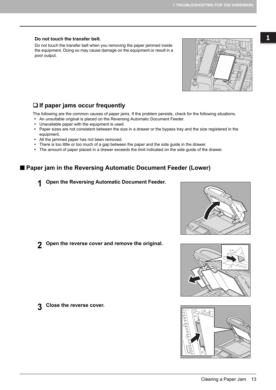 If paper jams occur frequently, P.13 “paper jam in the reversing automatic, Document feeder (lower) | P.13 | Toshiba E-STUDIO 755 User Manual | Page 15 / 104