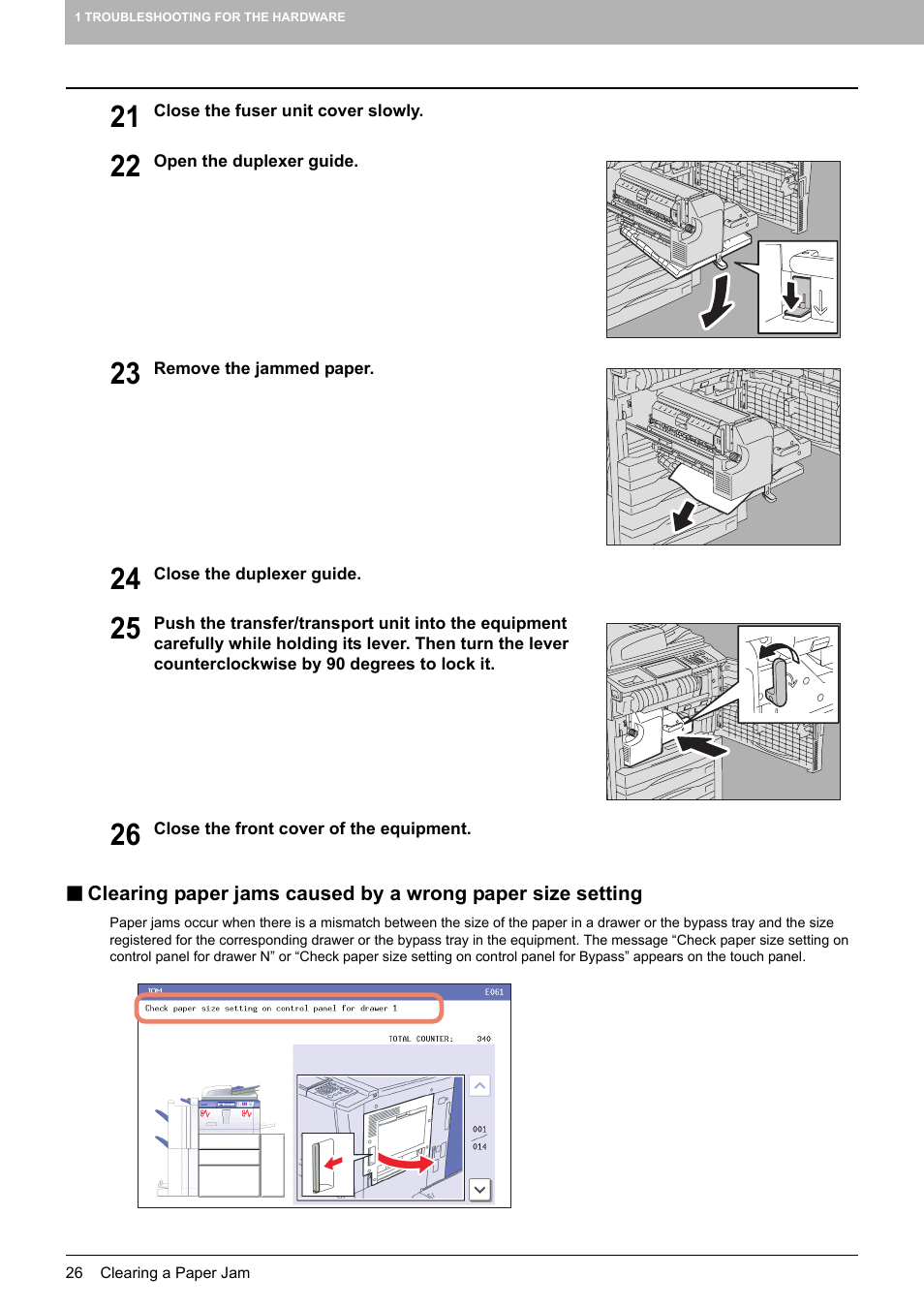 P.26 “clearing paper jams caused by a wrong, Paper size setting | Toshiba E-STUDIO 755 User Manual | Page 28 / 104