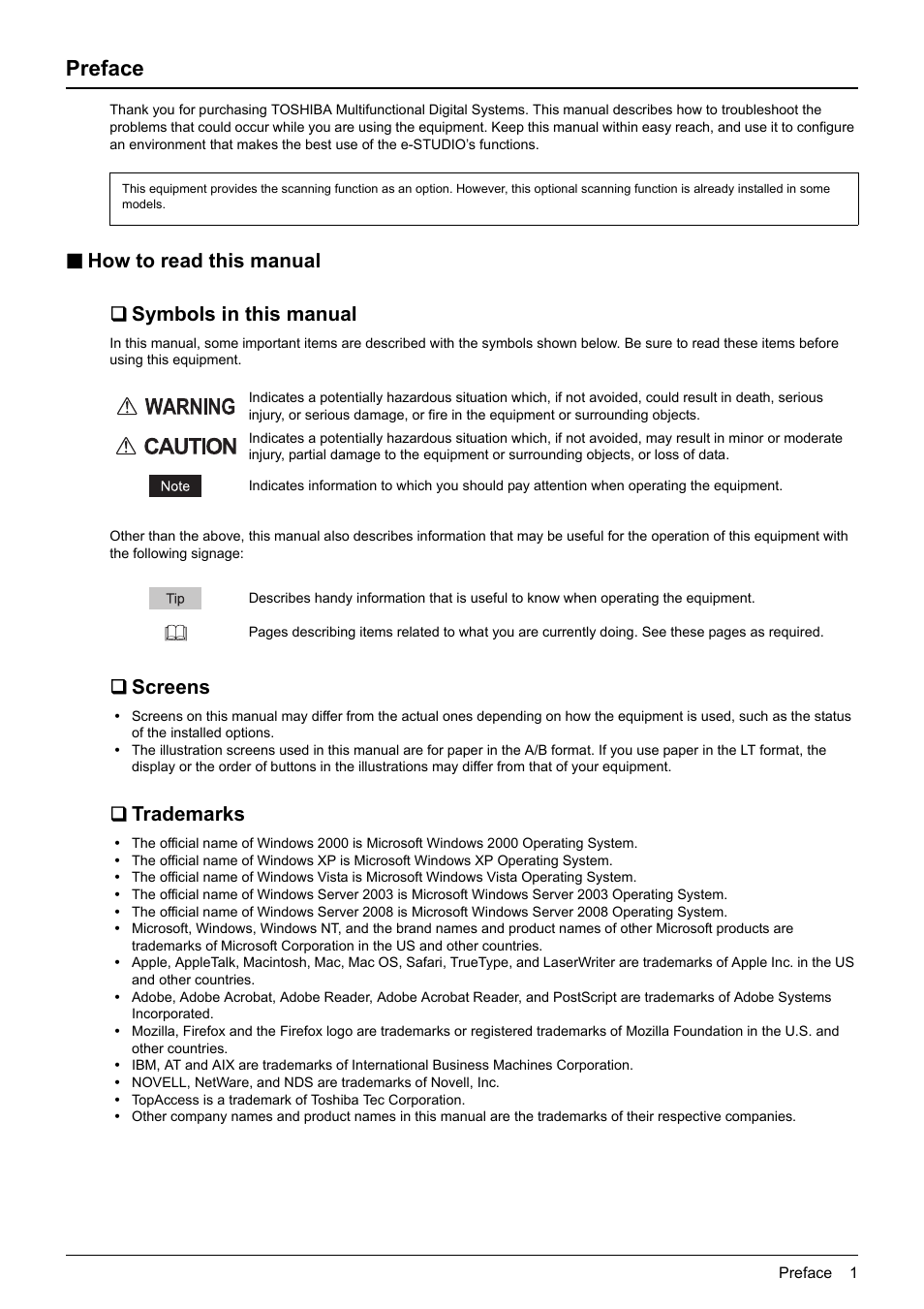 Preface, How to read this manual, Symbols in this manual | Screens, Trademarks, How to read this manual  symbols in this manual | Toshiba E-STUDIO 755 User Manual | Page 3 / 104