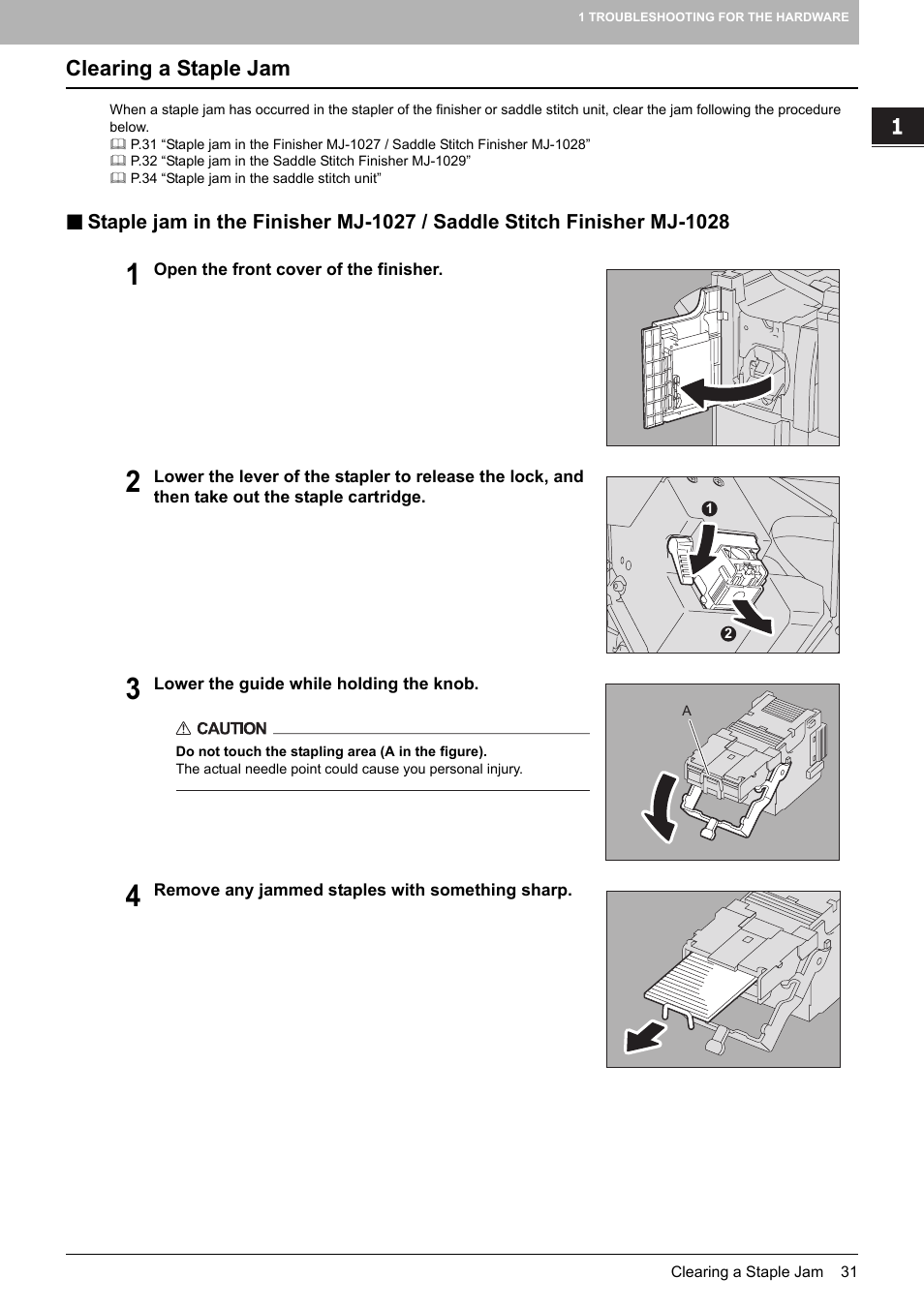 Clearing a staple jam, P.31 “clearing a staple jam | Toshiba E-STUDIO 755 User Manual | Page 33 / 104