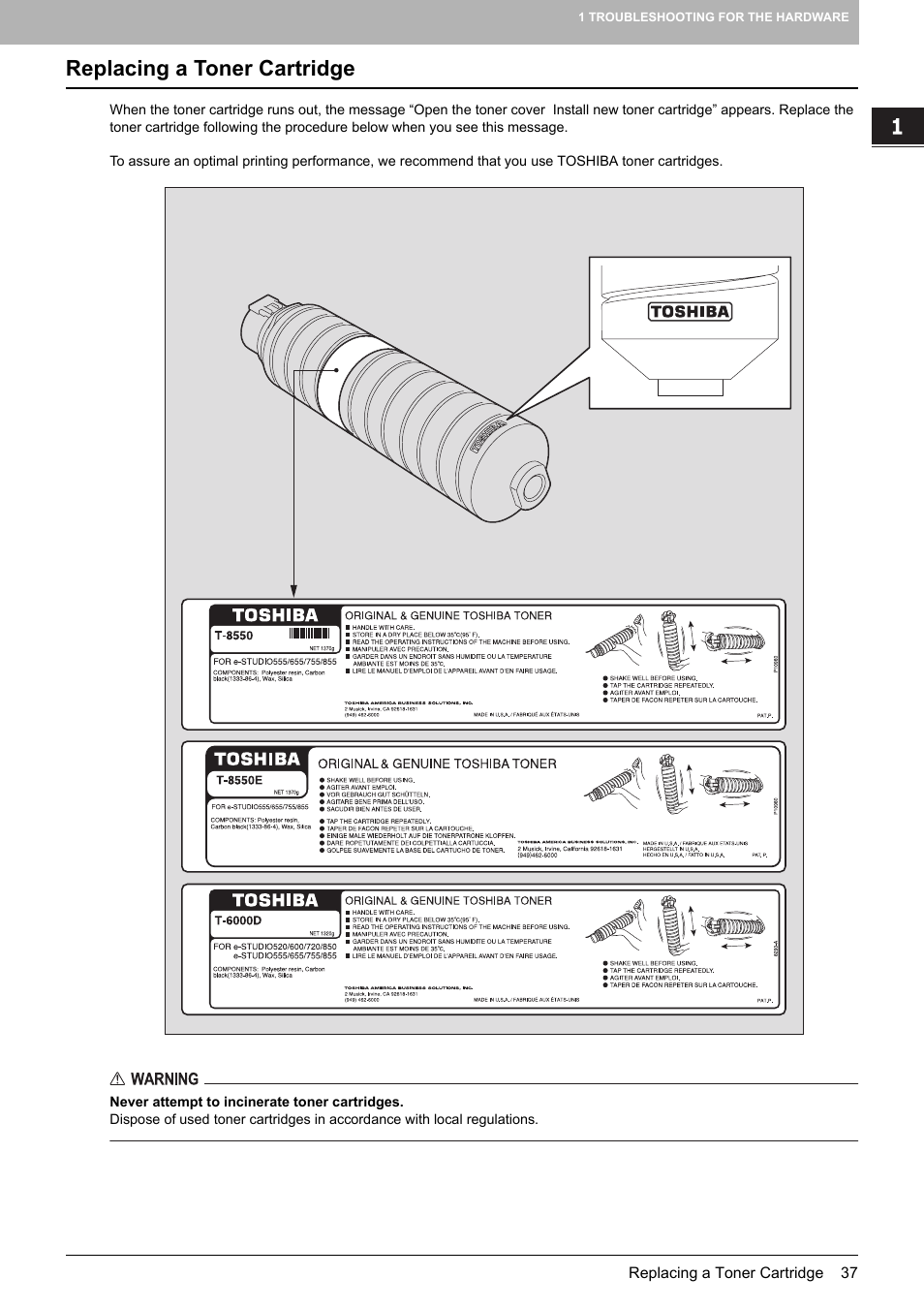 Replacing a toner cartridge, P.37 “replacing a toner cartridge | Toshiba E-STUDIO 755 User Manual | Page 39 / 104