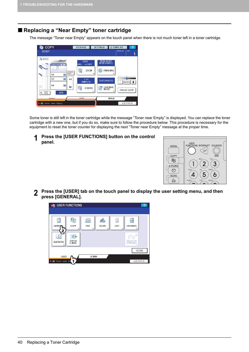 Replacing a “near empty” toner cartridge, P.40 “replacing a “near empty” toner, Cartridge | Toshiba E-STUDIO 755 User Manual | Page 42 / 104