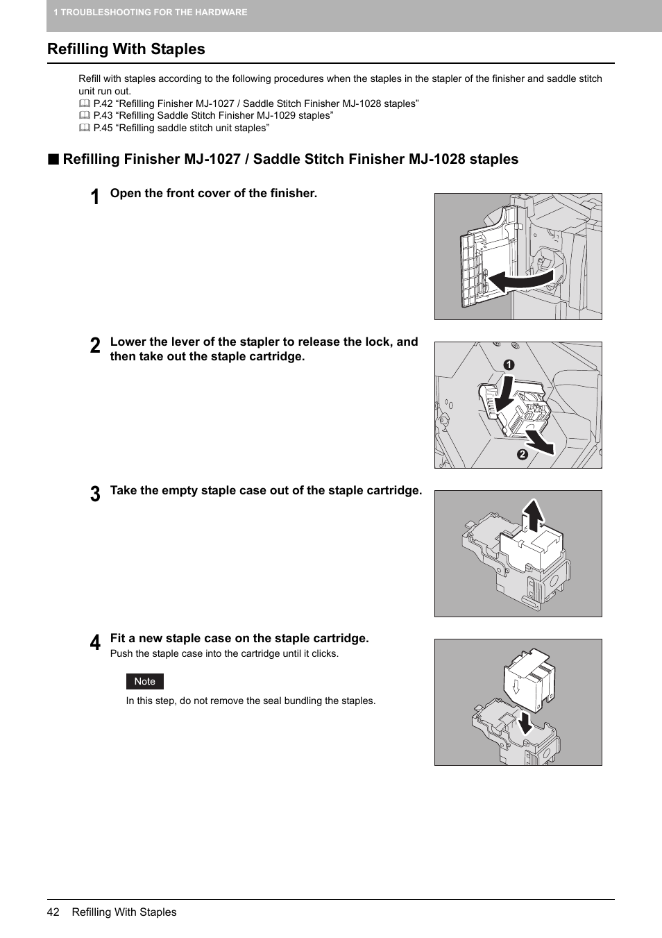 Refilling with staples, P.42 “refilling with staples | Toshiba E-STUDIO 755 User Manual | Page 44 / 104