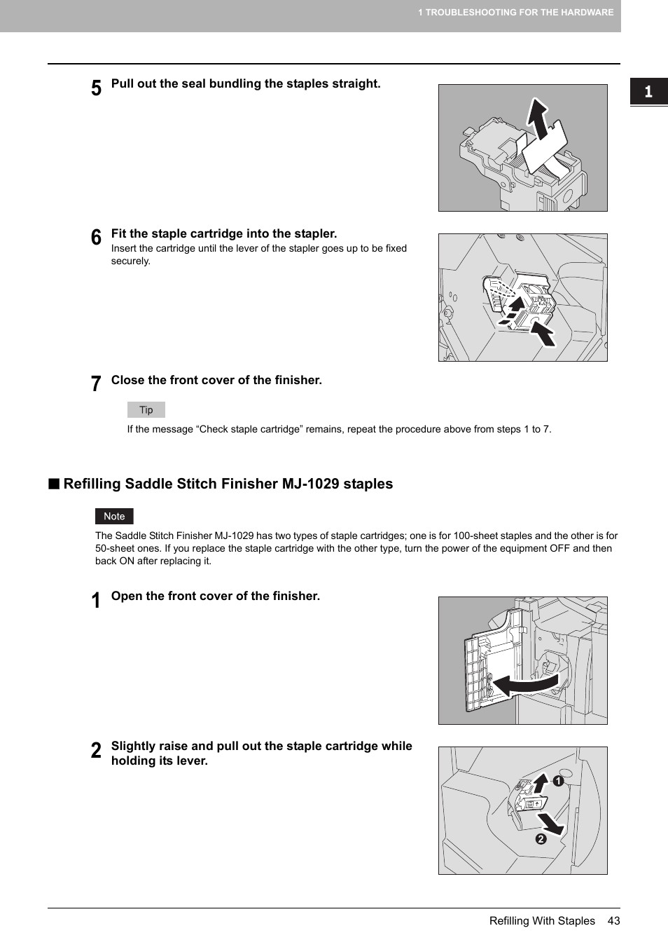 Refilling saddle stitch finisher mj-1029 staples | Toshiba E-STUDIO 755 User Manual | Page 45 / 104