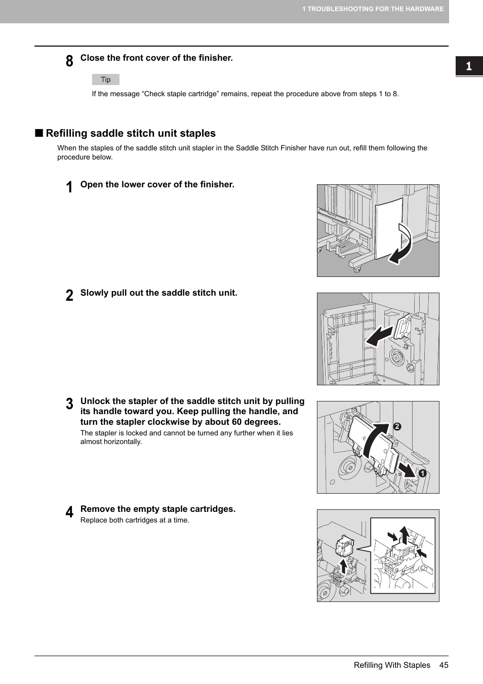 Refilling saddle stitch unit staples, P.45 “refilling saddle stitch unit staples | Toshiba E-STUDIO 755 User Manual | Page 47 / 104