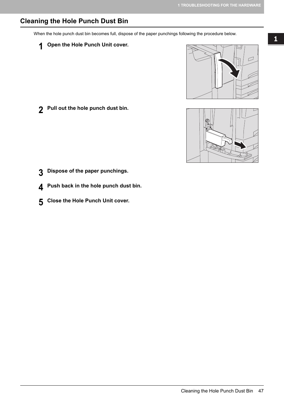 Cleaning the hole punch dust bin, P.47 “cleaning the hole punch dust bin | Toshiba E-STUDIO 755 User Manual | Page 49 / 104