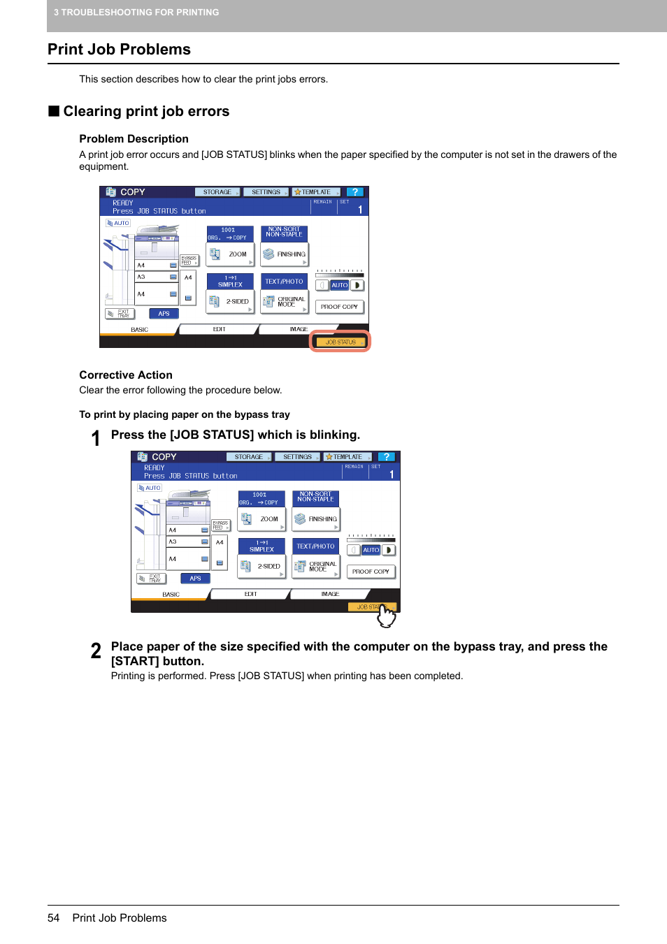 Print job problems, Clearing print job errors | Toshiba E-STUDIO 755 User Manual | Page 56 / 104