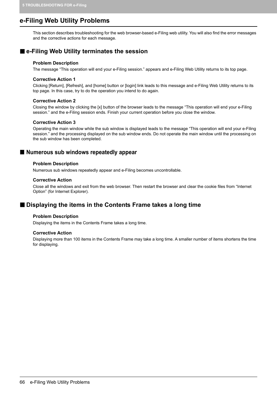 E-filing web utility problems, E-filing web utility terminates the session, Numerous sub windows repeatedly appear | Toshiba E-STUDIO 755 User Manual | Page 68 / 104