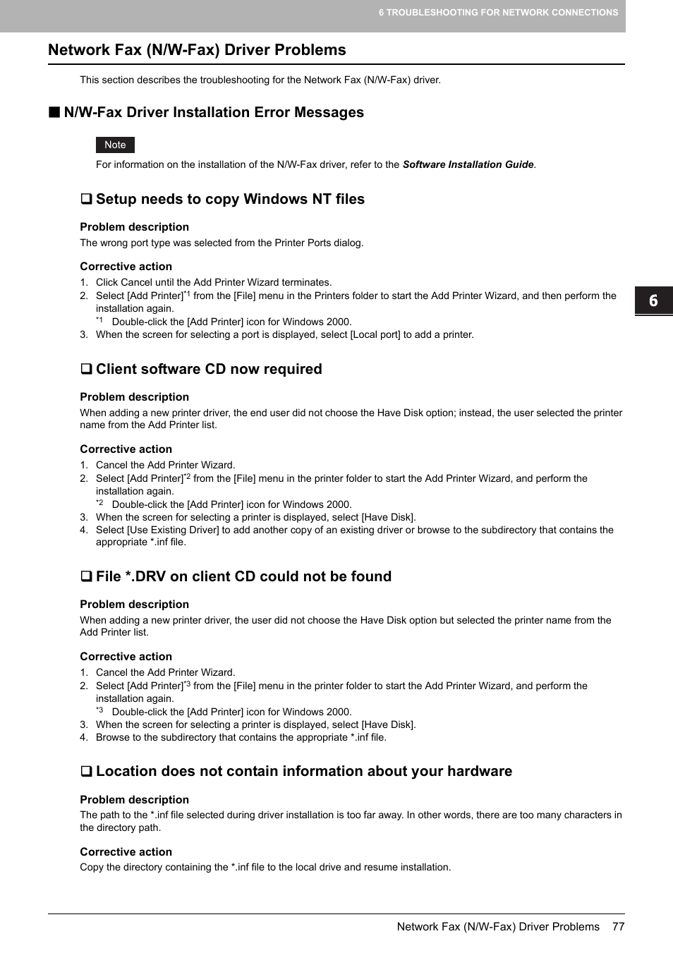 Network fax (n/w-fax) driver problems, N/w-fax driver installation error messages, Setup needs to copy windows nt files | Client software cd now required, File *.drv on client cd could not be found | Toshiba E-STUDIO 755 User Manual | Page 79 / 104