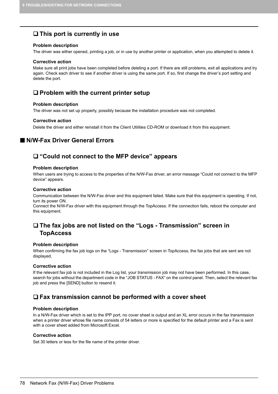 This port is currently in use, Problem with the current printer setup, N/w-fax driver general errors | Could not connect to the mfp device” appears | Toshiba E-STUDIO 755 User Manual | Page 80 / 104