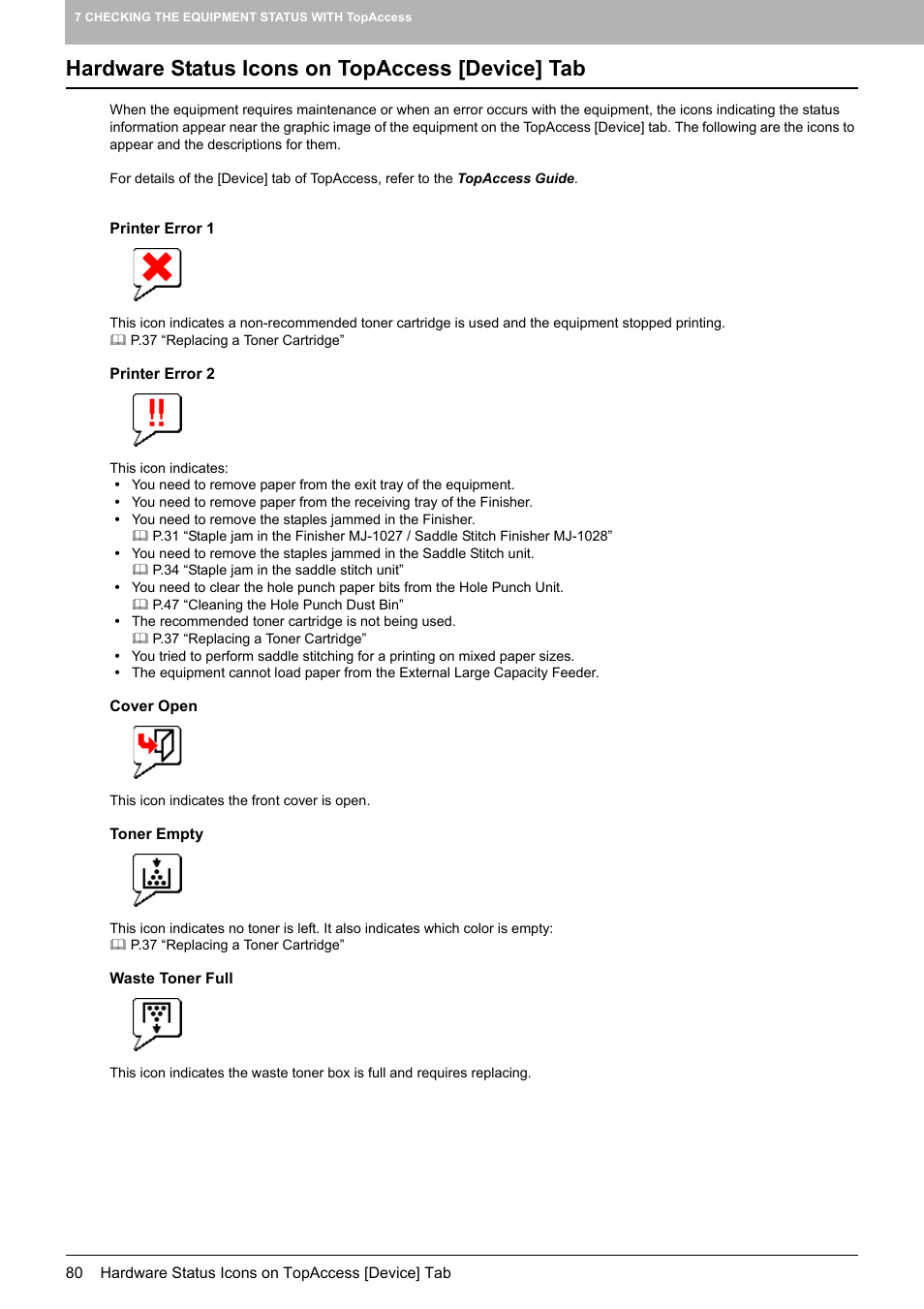 Hardware status icons on topaccess [device] tab | Toshiba E-STUDIO 755 User Manual | Page 82 / 104