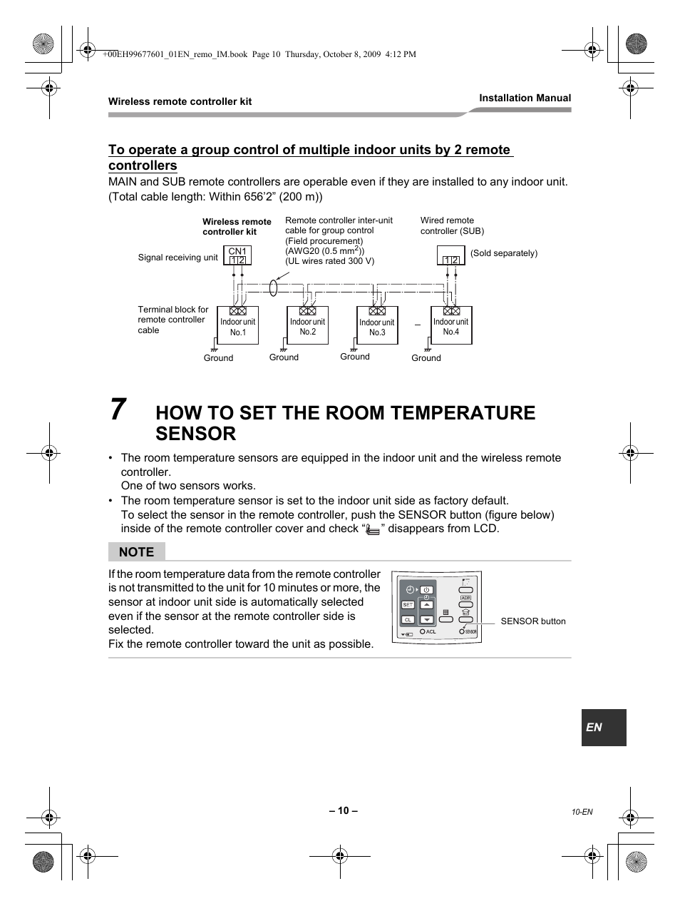 How to set the room temperature sensor | Toshiba TCB-AX21UL User Manual | Page 11 / 16